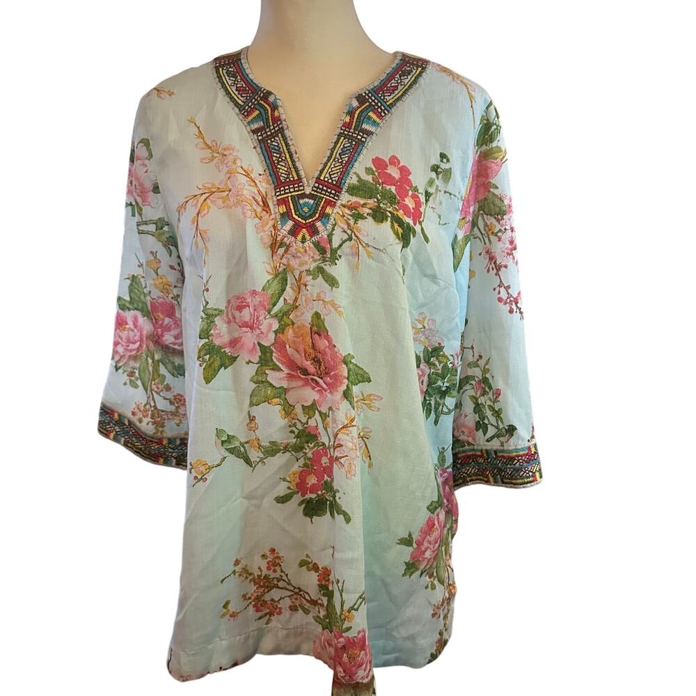 Soft Surroundings Pastel Green Floral Embroidered V-Neck Tunic